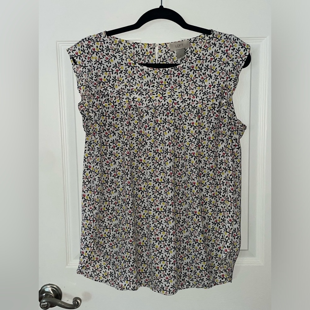 LOFT White Floral Print Cap-Sleeve Shell with Pink and Yellow Accents